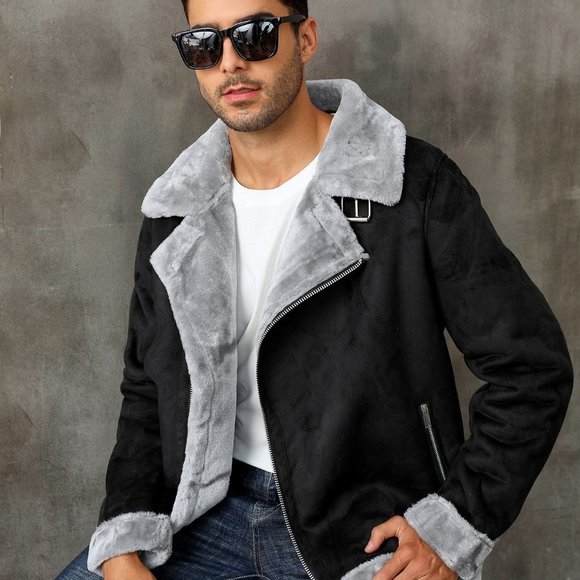 Black Casual Mens Zip Up Lapel Neck Teddy Lined Coat - Picture 7 of 8